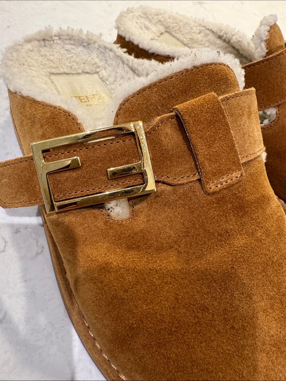 Fendi Chestnut Suede Shearling Mule with Gold Buckle - Picture 2 of 5
